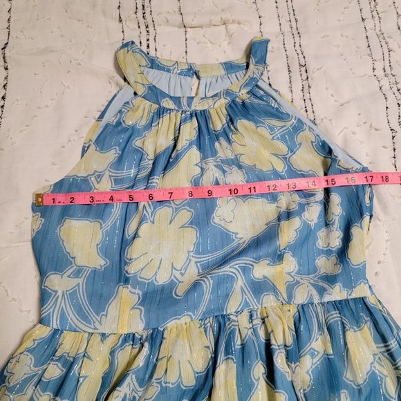 ModCloth Blue Yellow Floral Chiffon Lined High-Low Dress Large - Picture 3 of 10